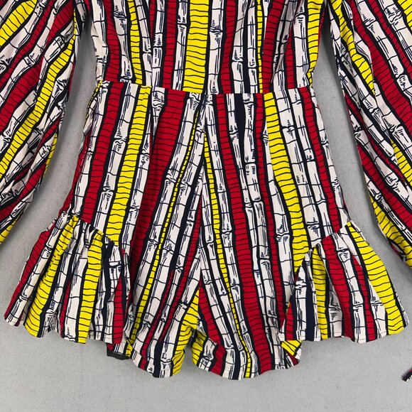 Ofuure Romper Womens Small Red Yellow African Print Ruffle Shorts Tie Sleeves - Picture 7 of 15